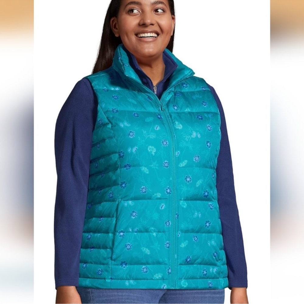 LANDS END Green Teal Floral Down Puffer Vest  Sleeveless Outerwear 3X NWOT